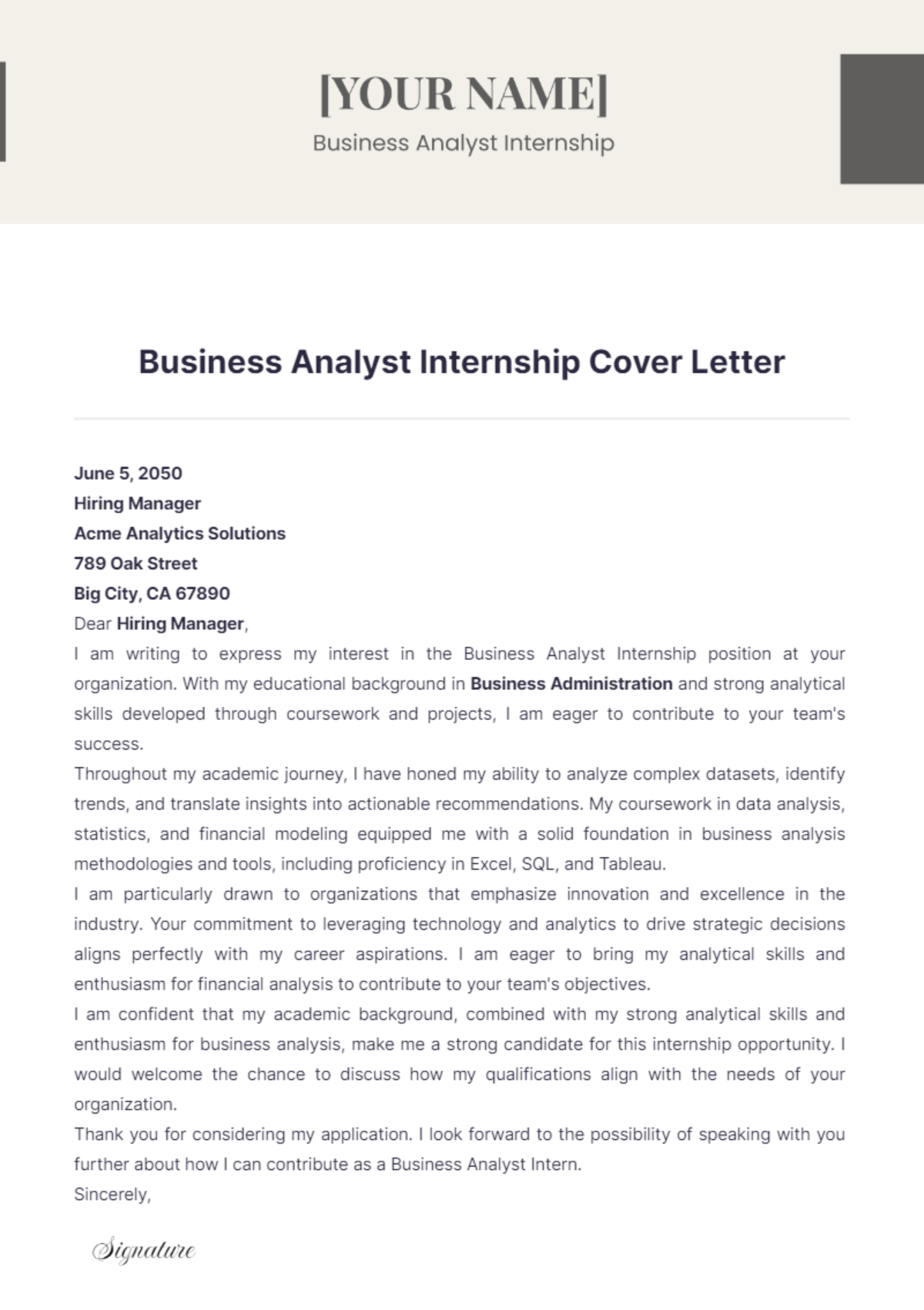 Business Analyst Intern Cover Letter - Edit Online & Download