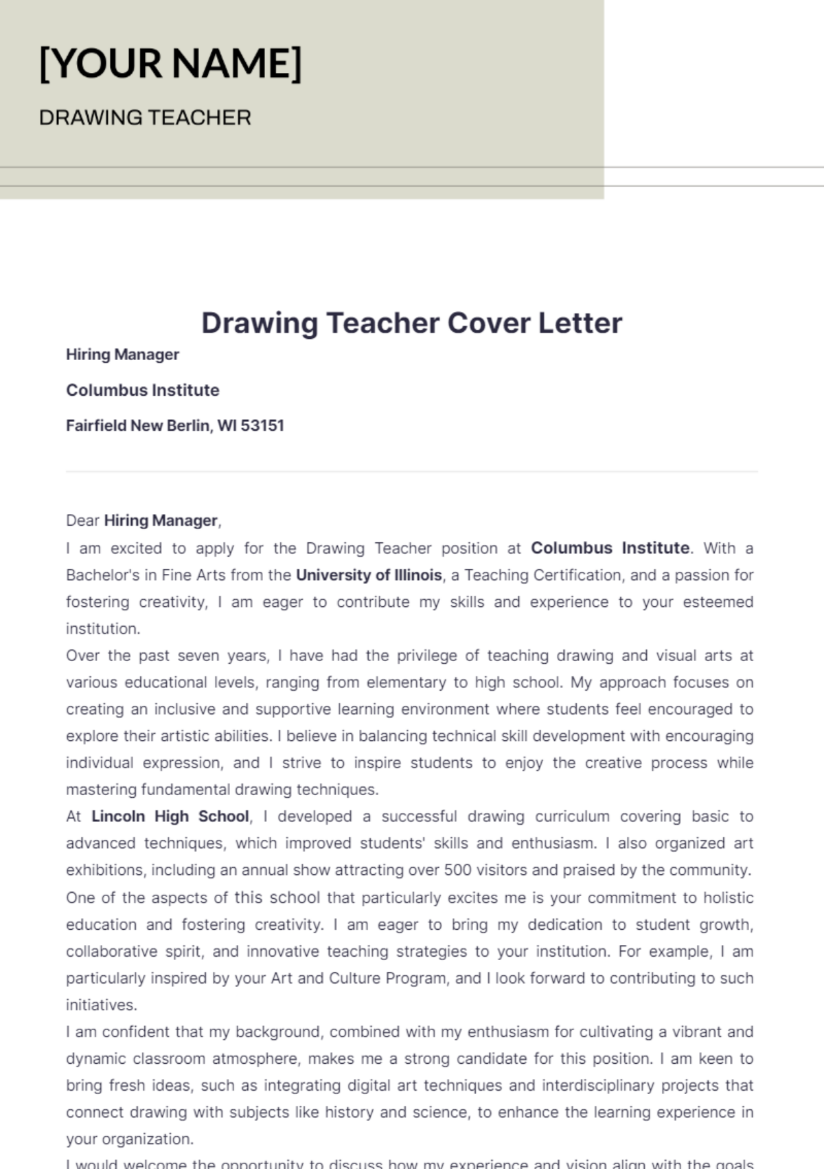 Drawing Teacher Cover Letter - Edit Online & Download