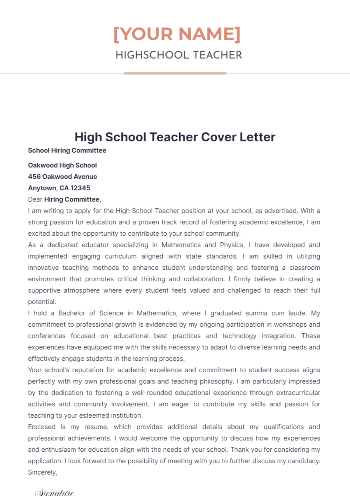 High School Teacher Cover Letter - Edit Online & Download