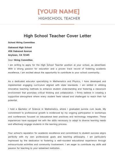 Free High School Teacher Cover Letter to Edit Online