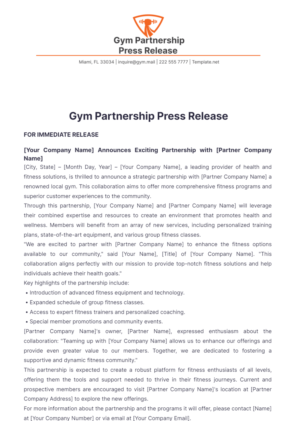 Gym Partnership Press Release Template - Edit Online & Download