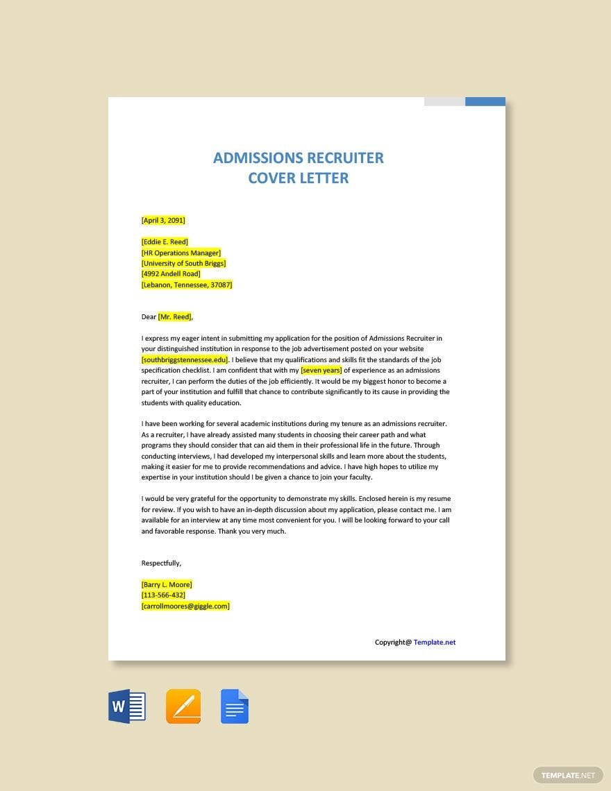 Admissions Recruiter Cover Letter in Word, Google Docs, PDF, Apple Pages