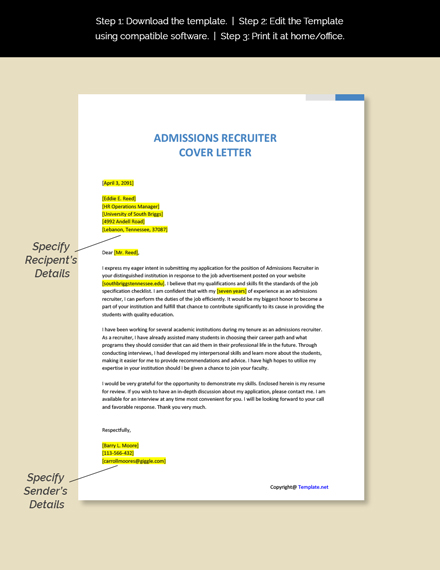 Admissions Recruiter Cover Letter Template - Google Docs, Word ...