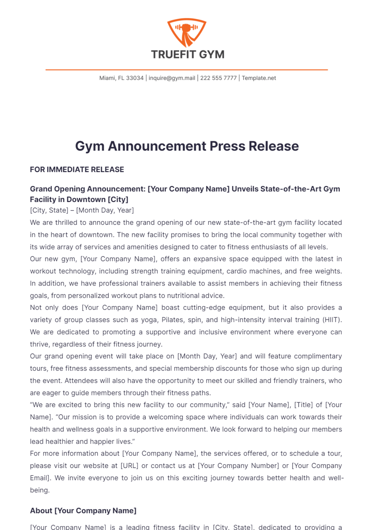 Gym Announcement Press Release Template - Edit Online & Download