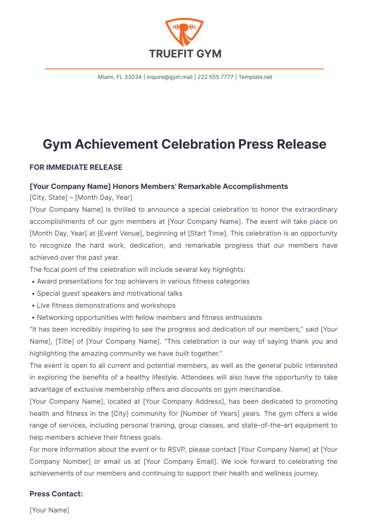 Gym Achievement Celebration Press Release Template - Edit Online & Download