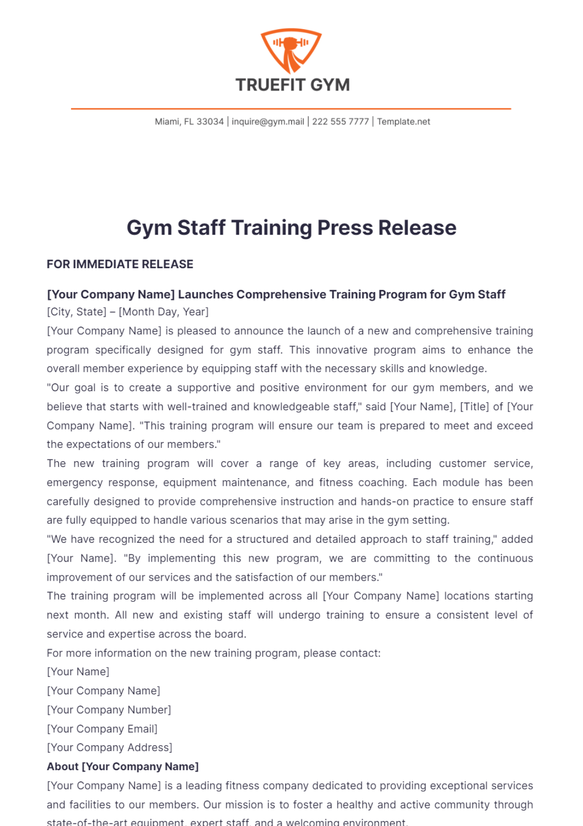 Gym Staff Training Press Release Template - Edit Online & Download