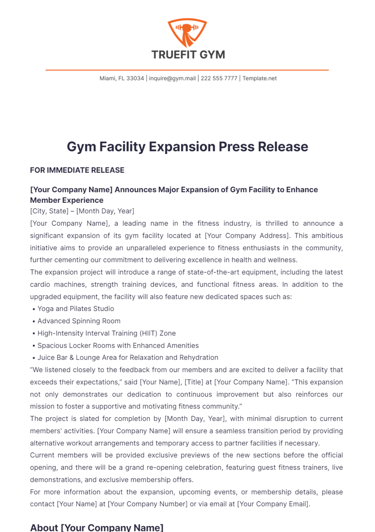 Gym Facility Expansion Press Release Template - Edit Online & Download