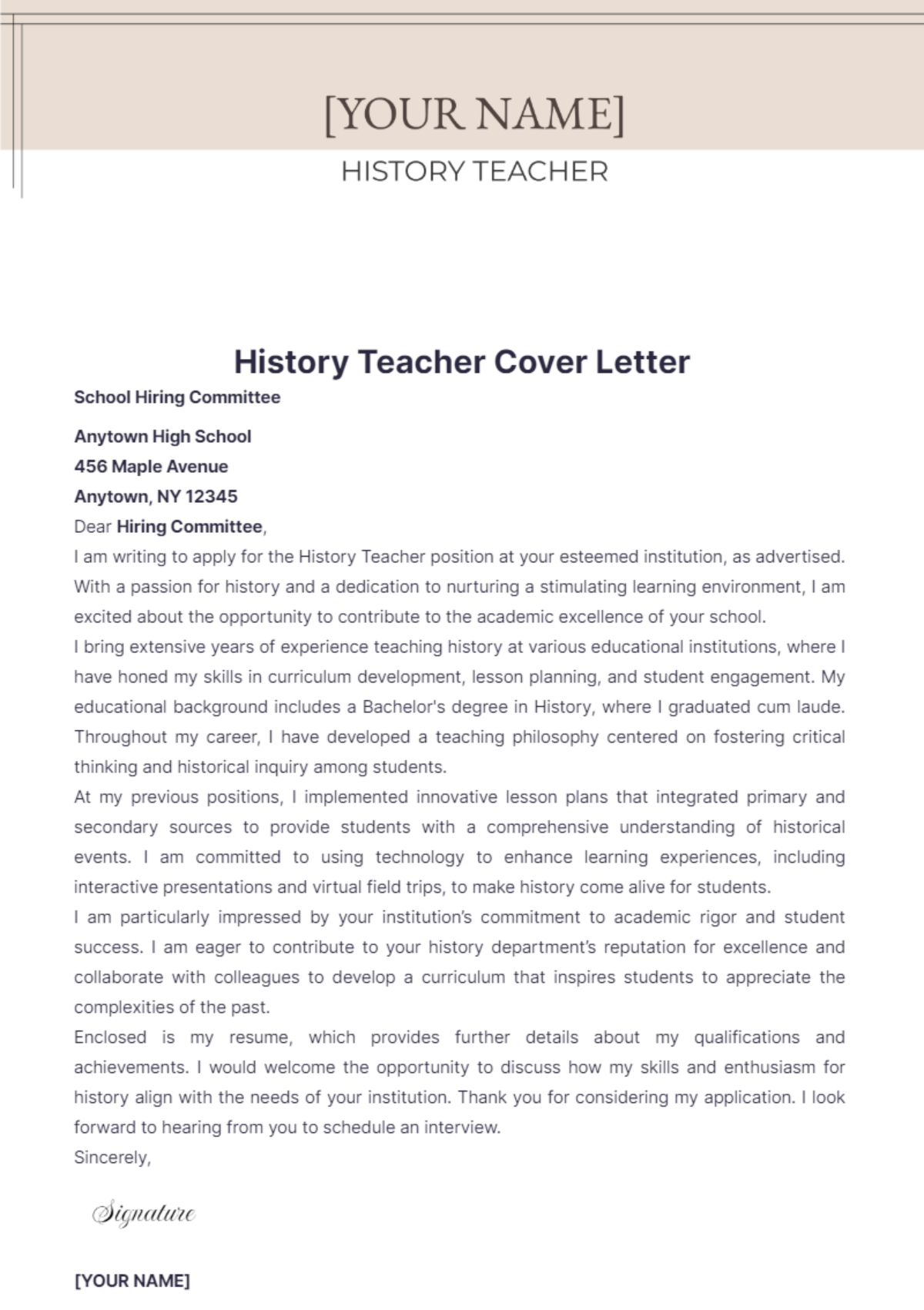 History Teacher Cover Letter - Edit Online & Download