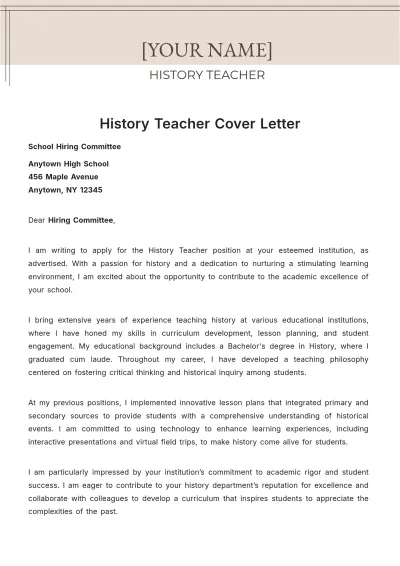 Free History Teacher Cover Letter to Edit Online