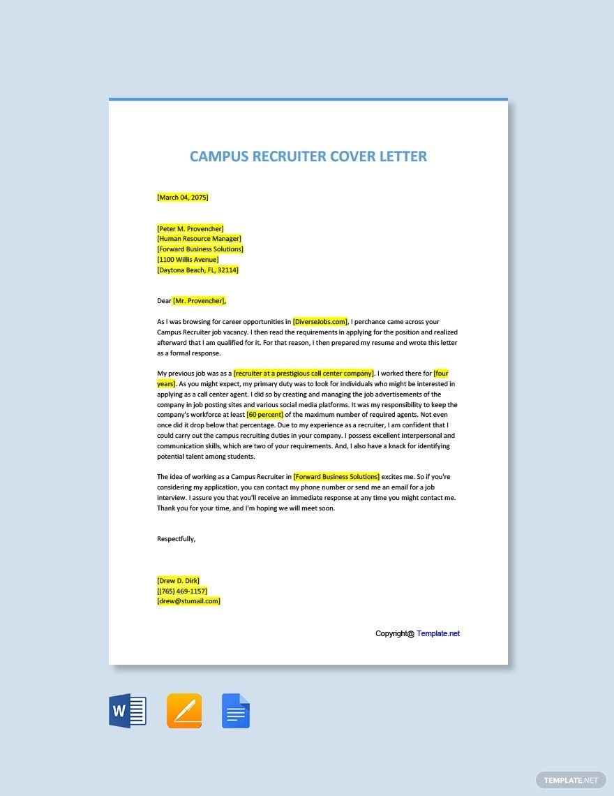 Campus Recruiter Cover Letter in Word, Google Docs, PDF, Apple Pages