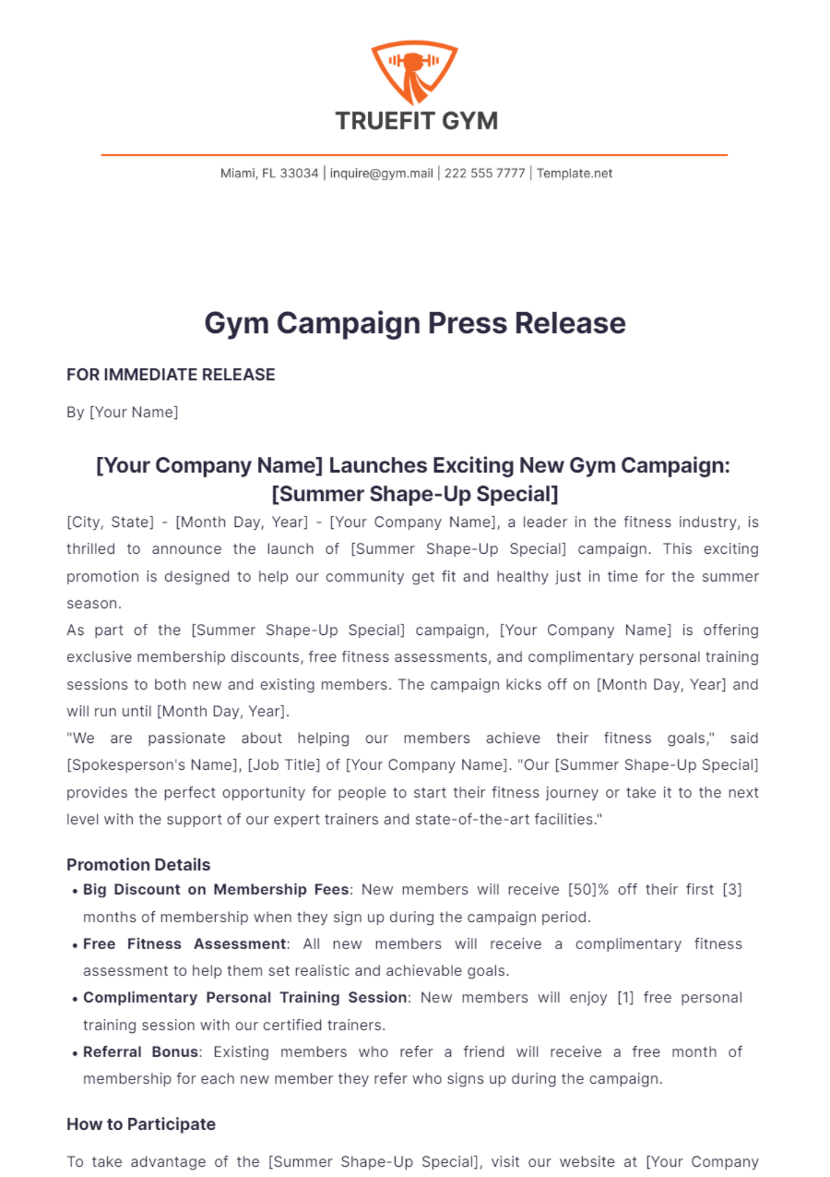 Gym Campaign Press Release Template - Edit Online & Download