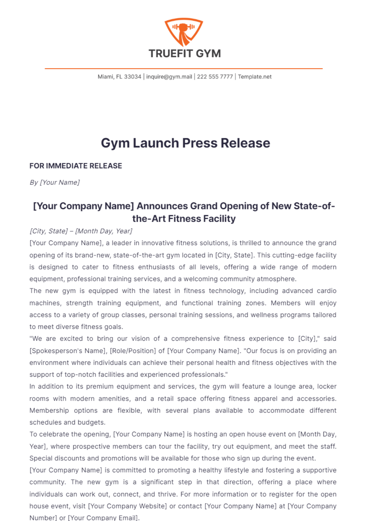 Gym Launch Press Release Template - Edit Online & Download