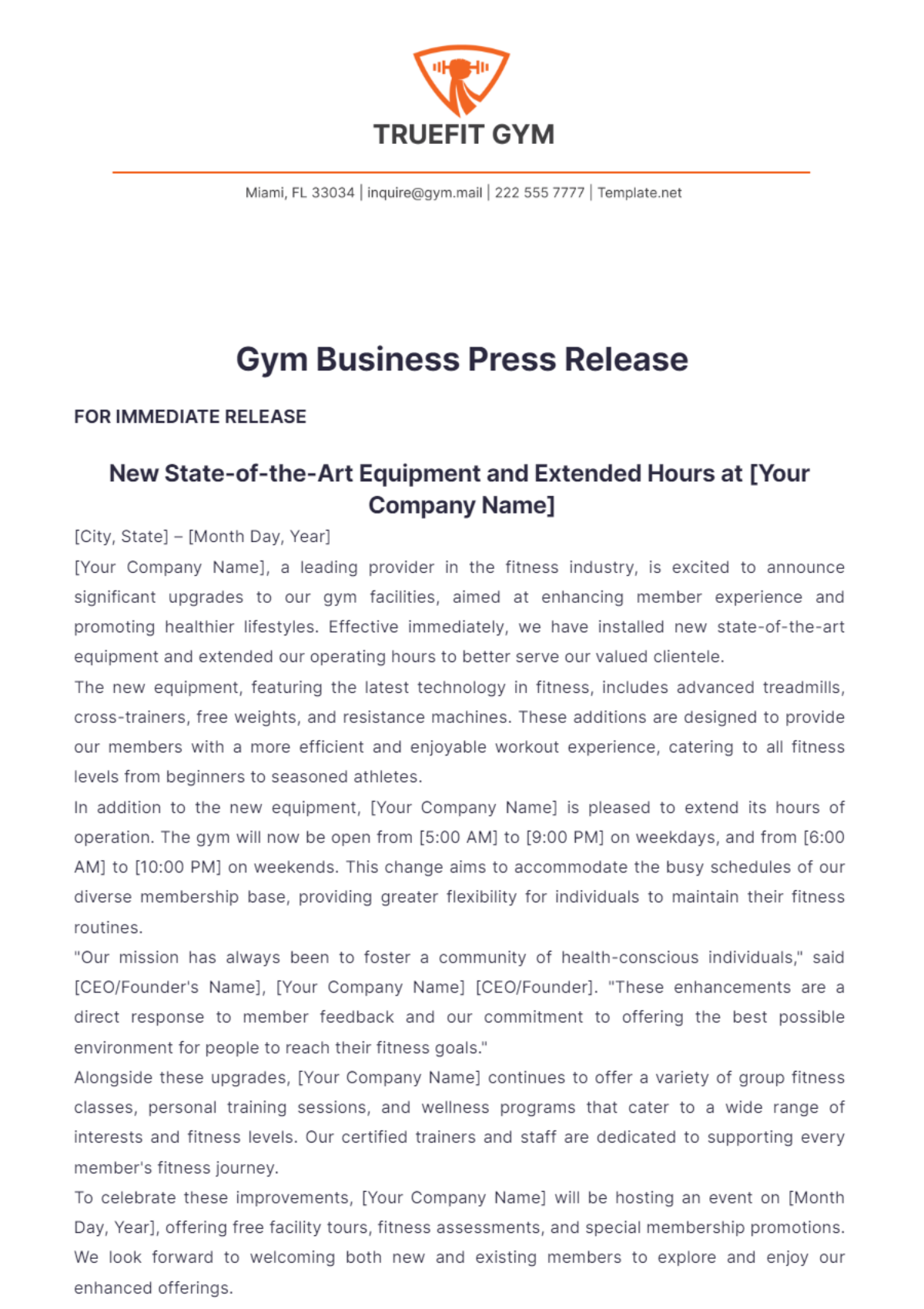 Gym Business Press Release Template - Edit Online & Download