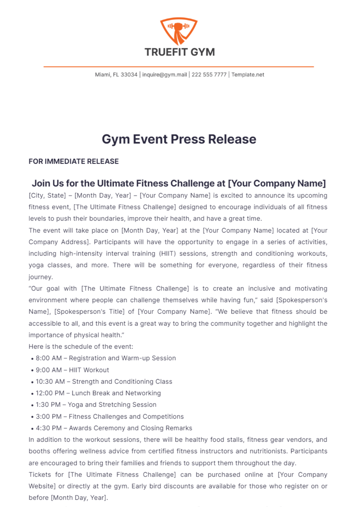 Gym Event Press Release Template - Edit Online & Download