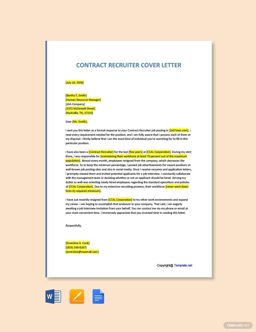 Contract Recruiter Cover Letter in Word, Google Docs, PDF, Apple Pages