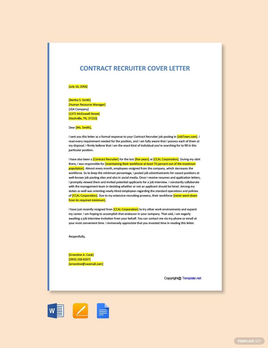 Contract Recruiter Cover Letter in Google Docs, Word, Pages, PDF - Download | Template.net