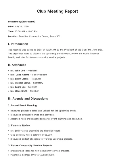 Free Club Meeting Report Template to Edit Online