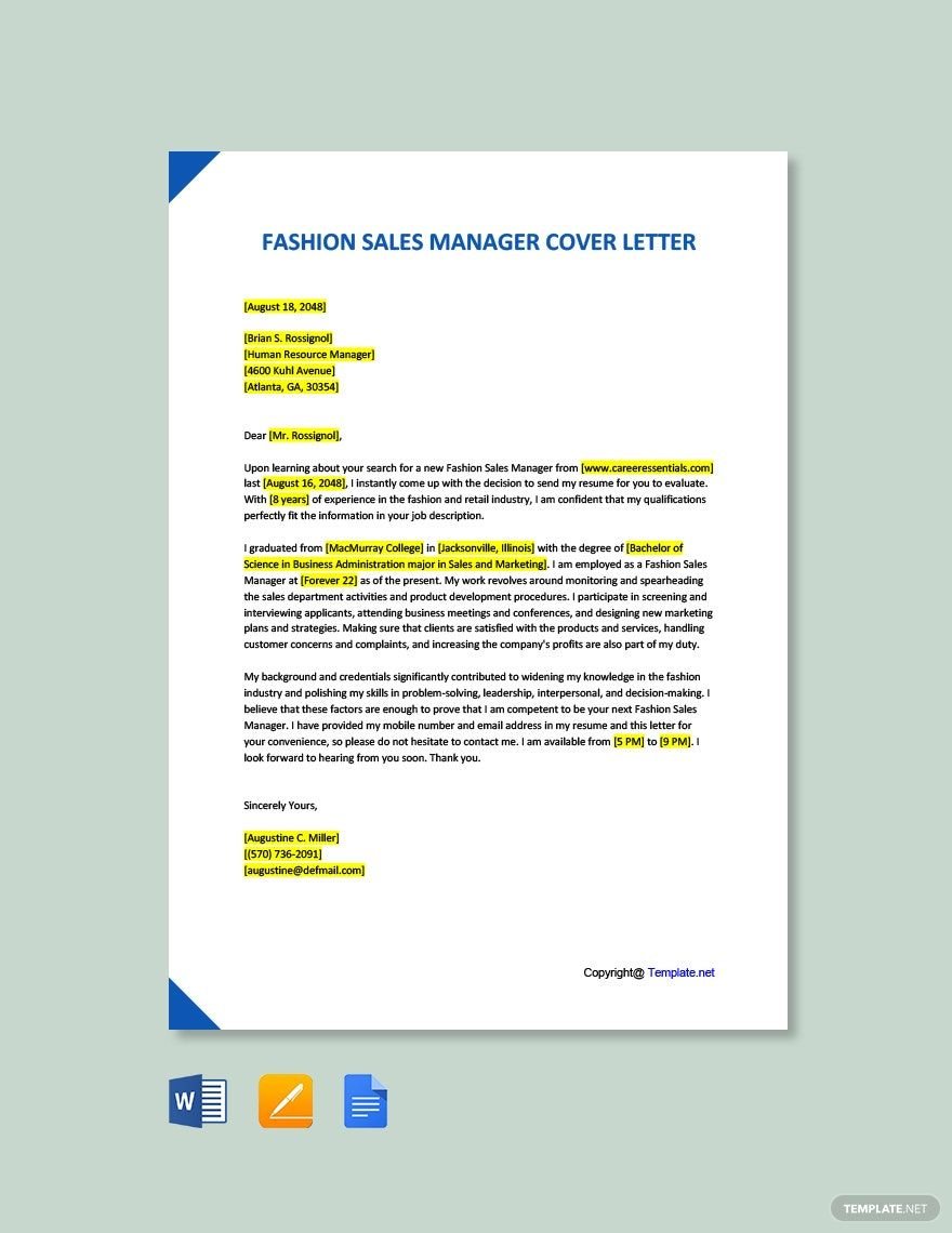 Fashion Sales Manager Cover Letter Template
