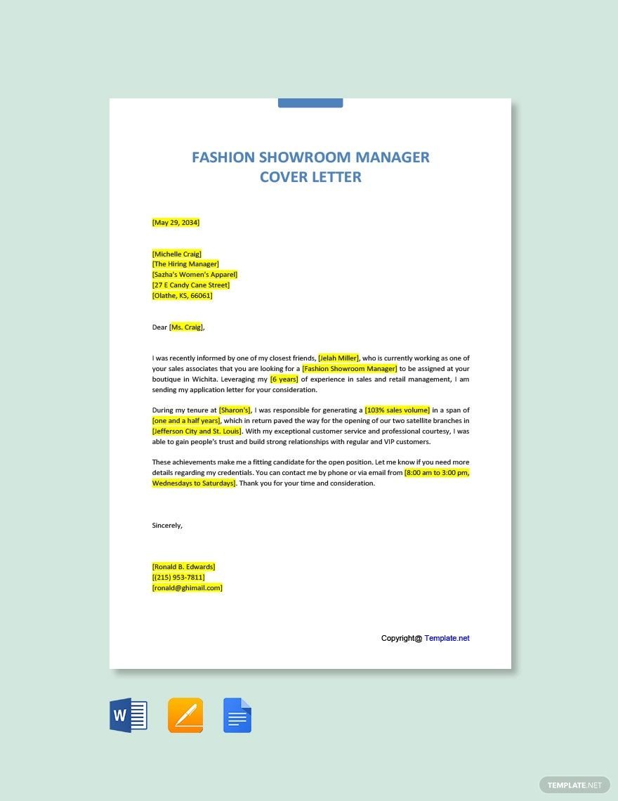 Free Fashion Showroom Manager Cover Letter Template