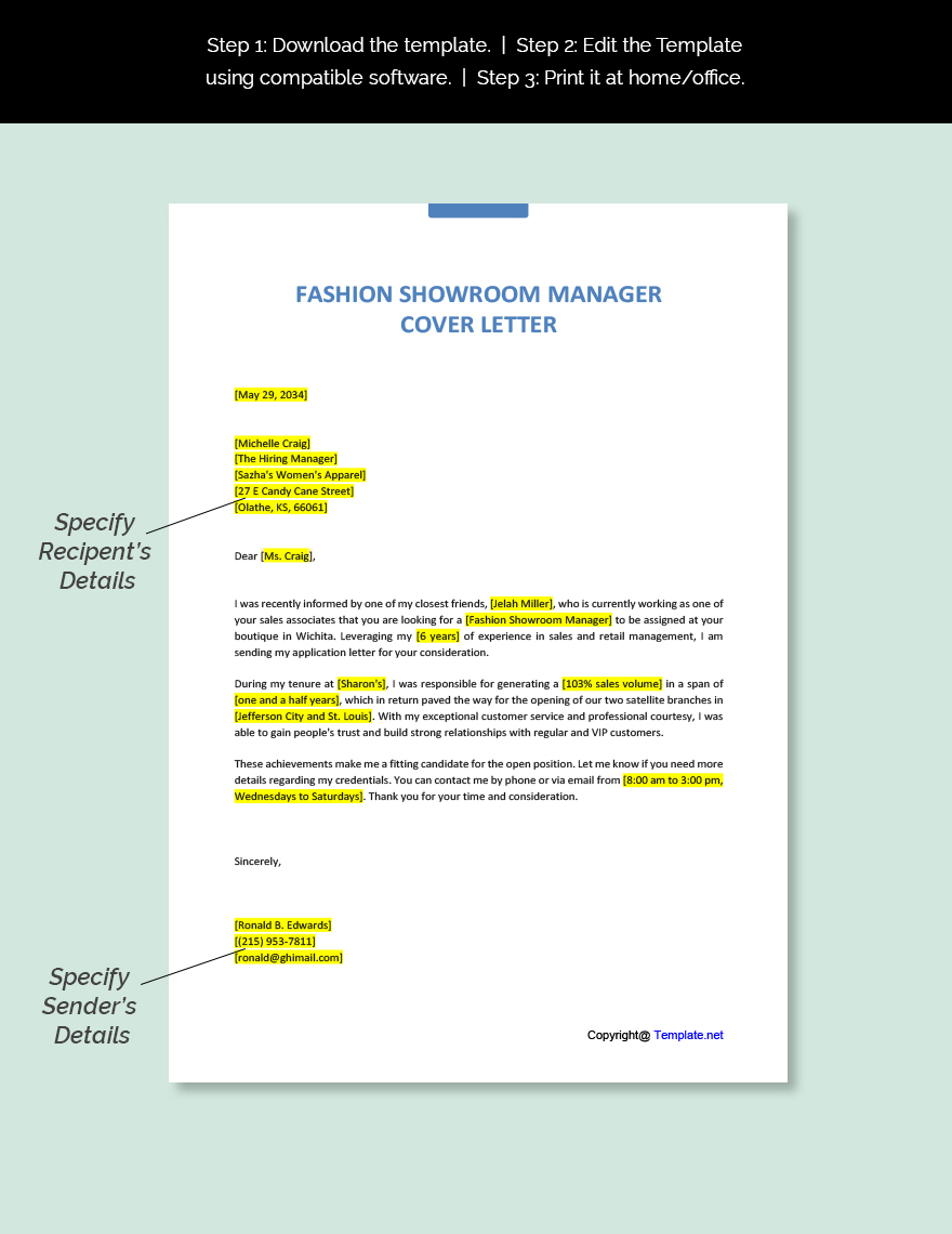 Fashion Showroom Manager Cover Letter