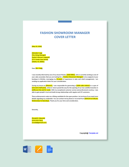 Fashion Showroom Manager Cover Letter