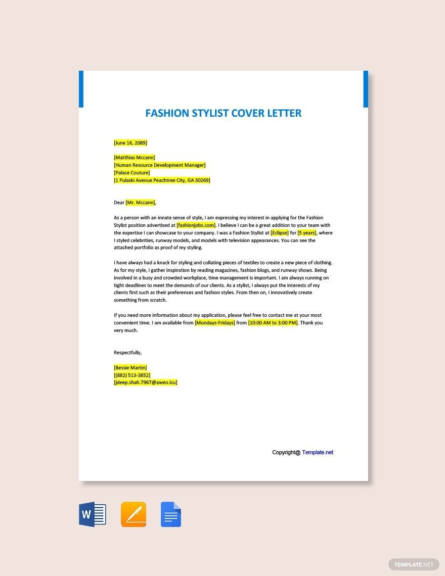 Fashion Stylist Cover Letter in Word, Google Docs, PDF, Apple Pages