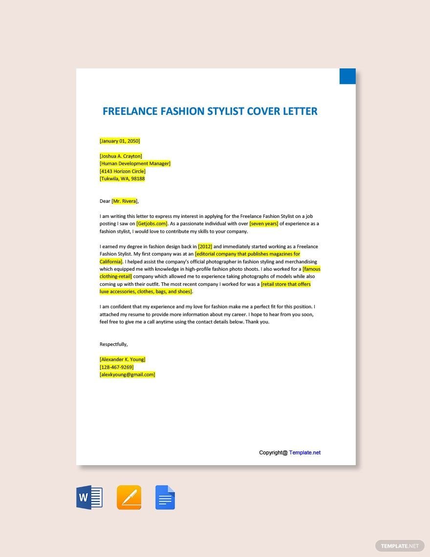 Free Freelance Fashion Stylist Cover Letter Template