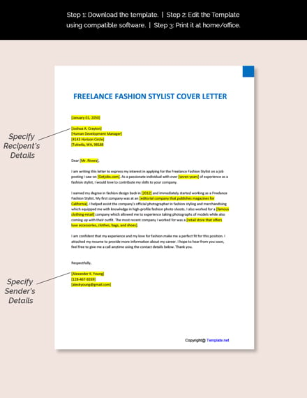 Freelance Fashion Stylist Cover Letter Template