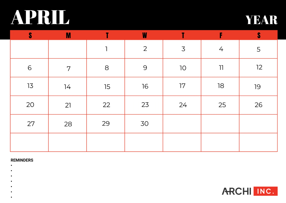 Free Architecture Monthly Calendar Template to Edit Online