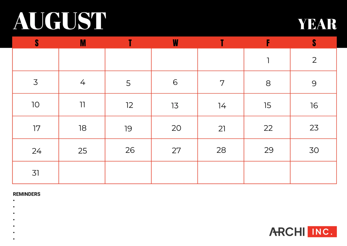 Free Architecture Monthly Calendar Template to Edit Online