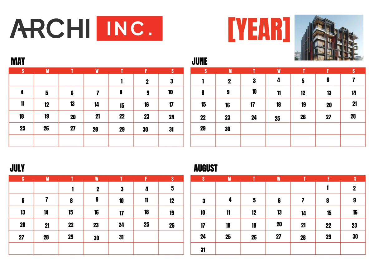 Free Architecture Yearly Calendar Template to Edit Online