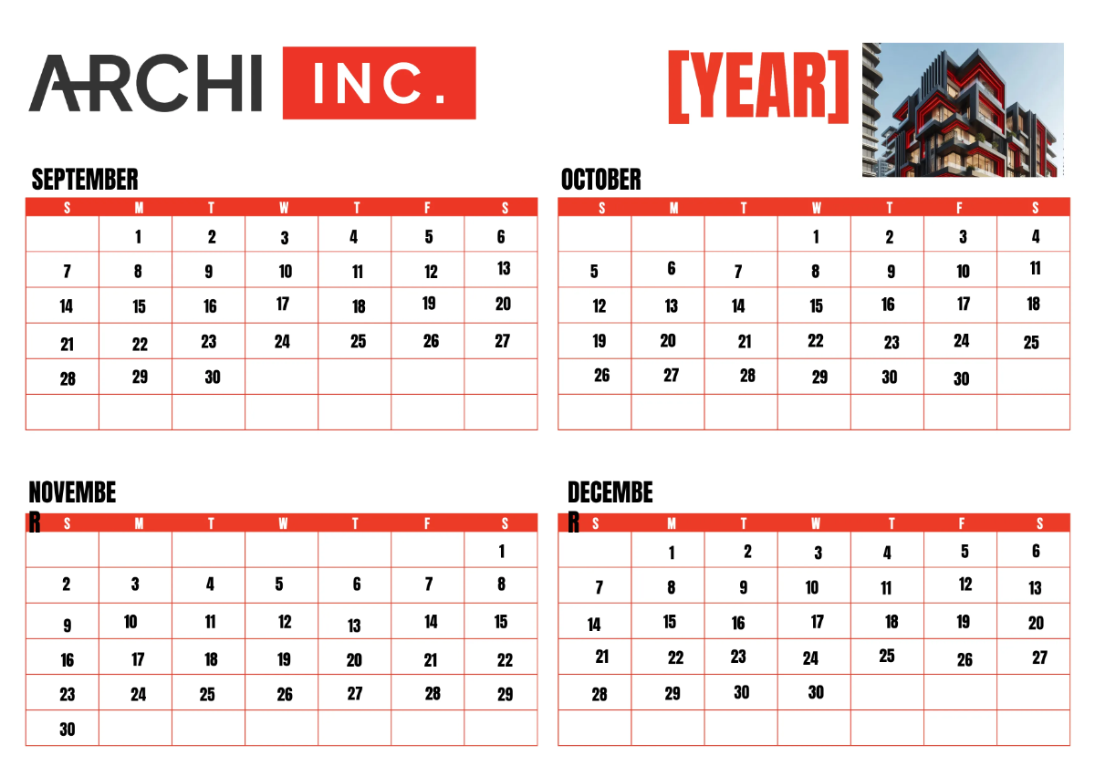 Free Architecture Yearly Calendar Template to Edit Online
