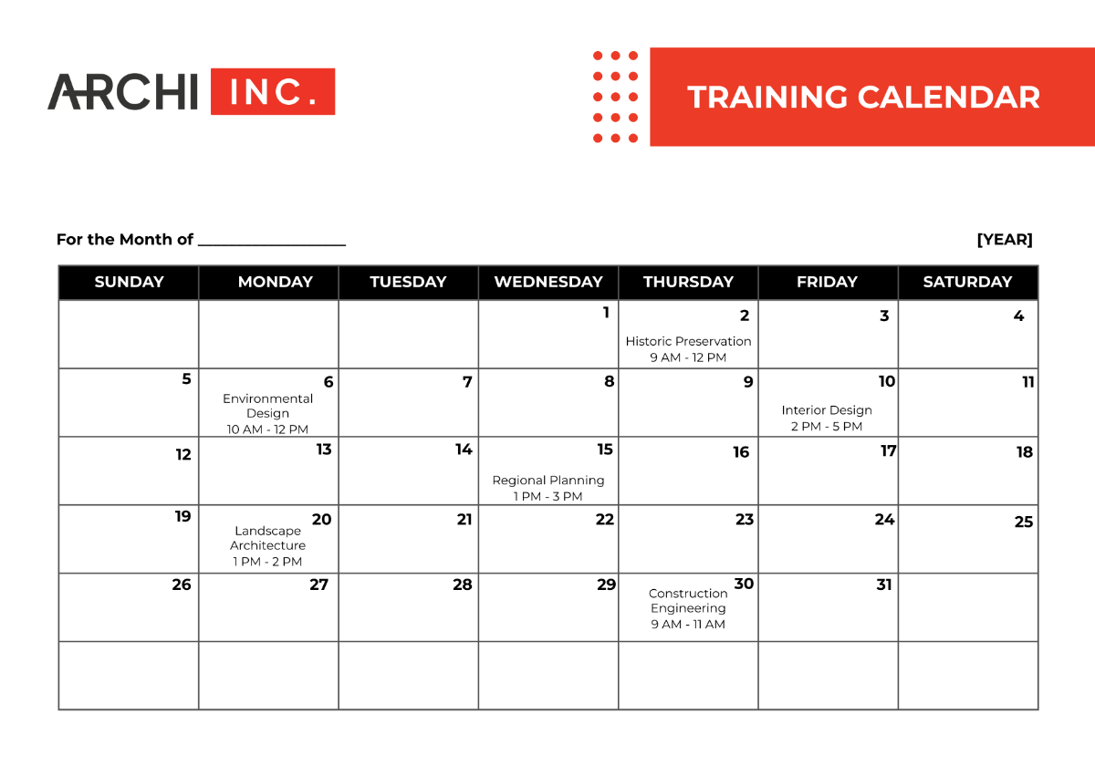 Architecture Training Calendar