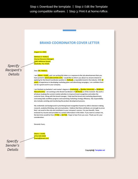 Brand Coordinator Cover Letter Template [Free PDF] - Word (DOC) | Apple ...