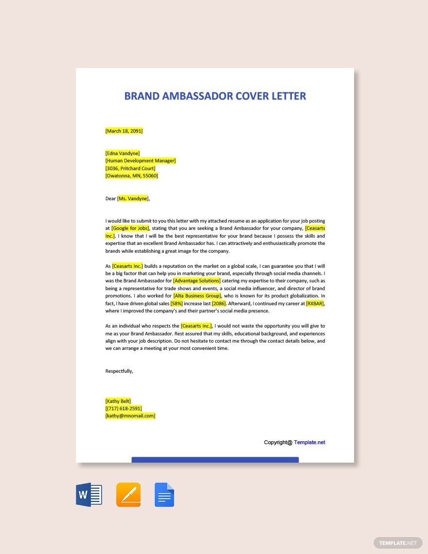 Brand Ambassador Cover Letter in Word, Google Docs, PDF, Apple Pages