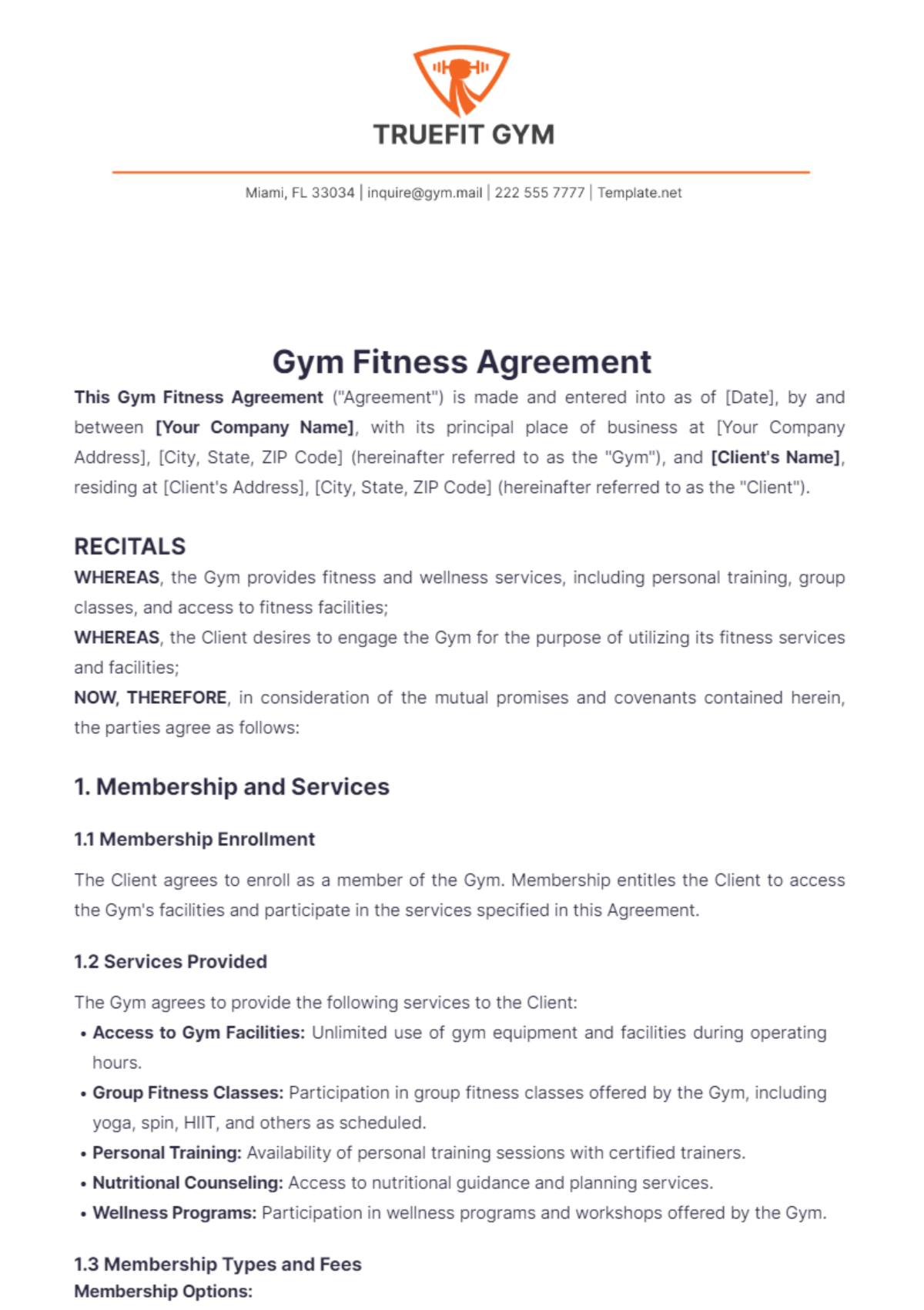 Gym Fitness Agreement Template - Edit Online & Download