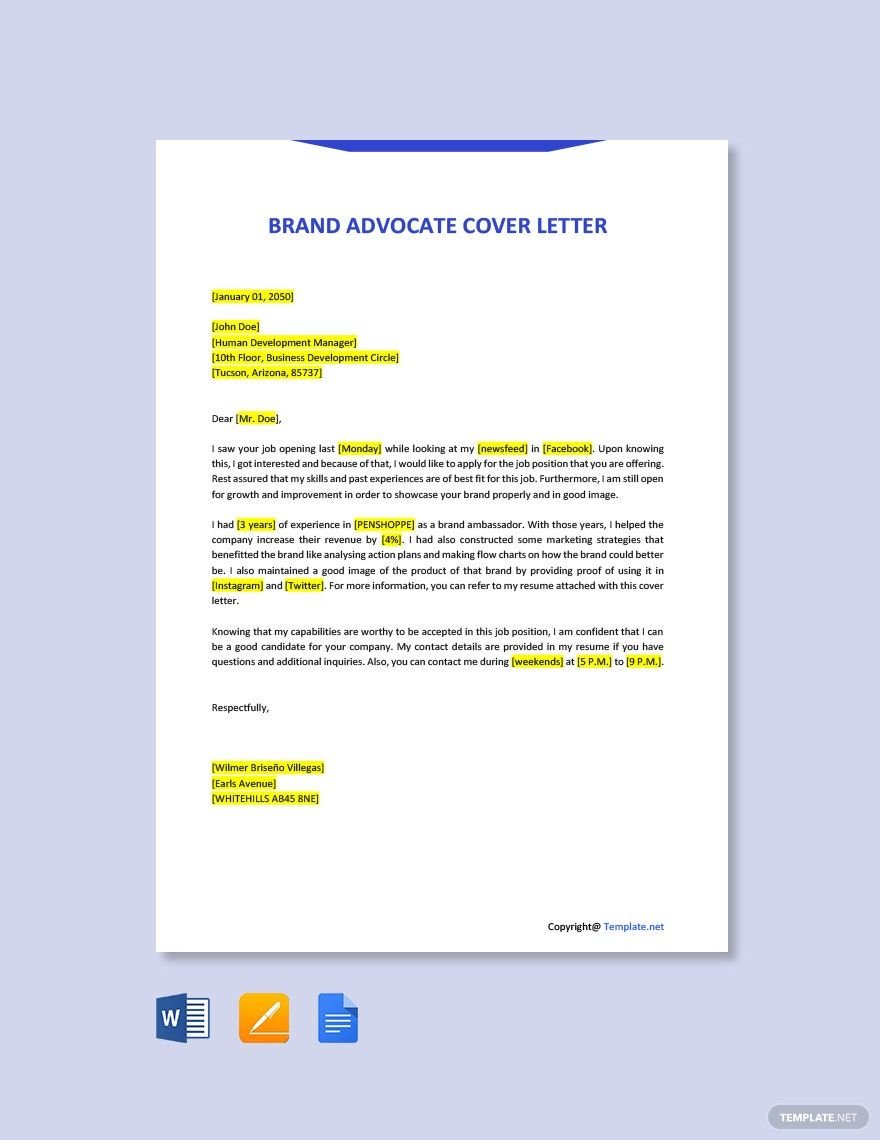 Brand Advocate Cover Letter in Word, Google Docs, PDF, Apple Pages