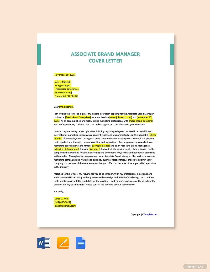 Associate Brand Manager Cover Letter in Word, Google Docs, PDF, Apple Pages