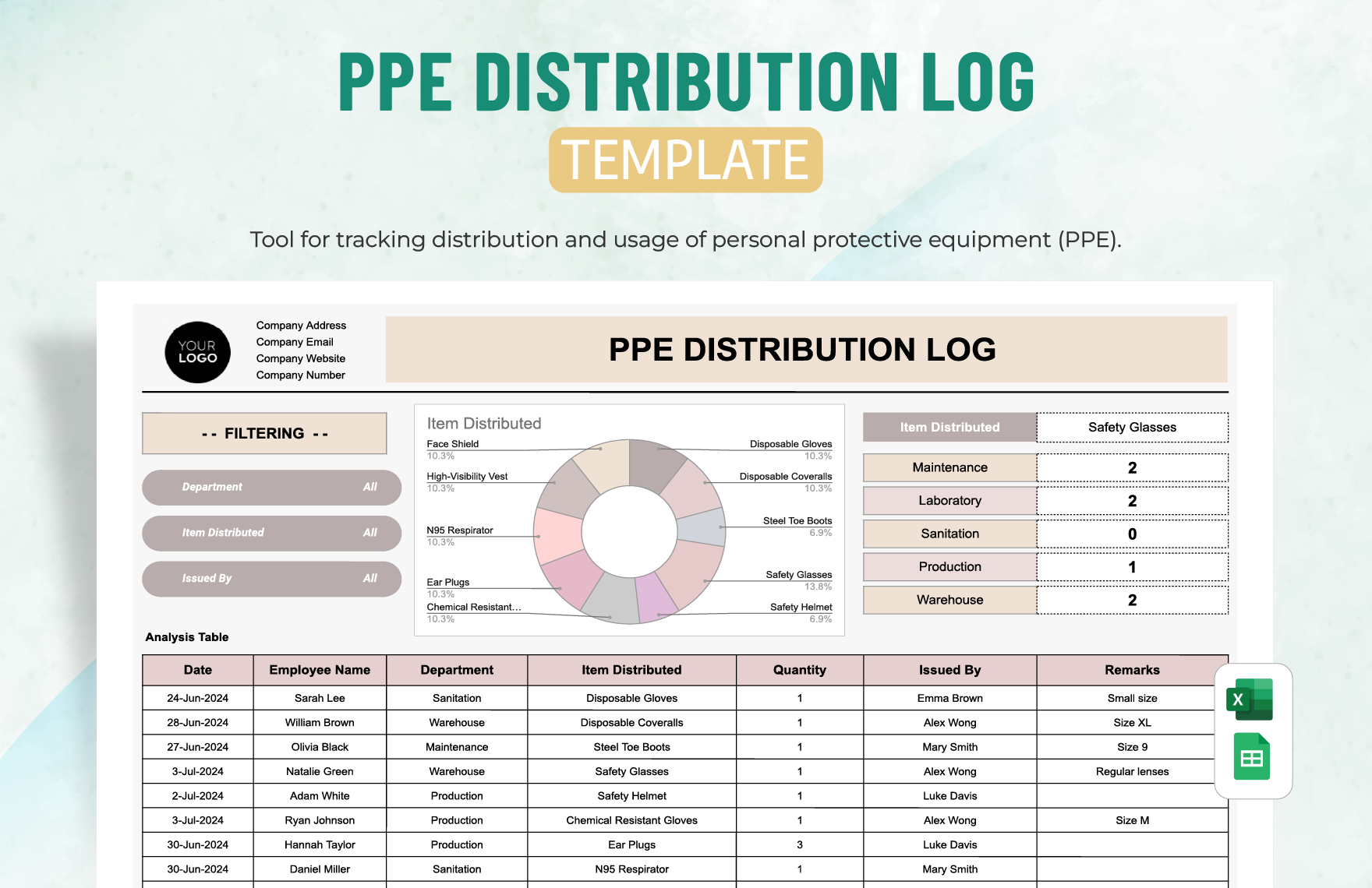 PPE Distribution Log Template in Excel, Google Sheets