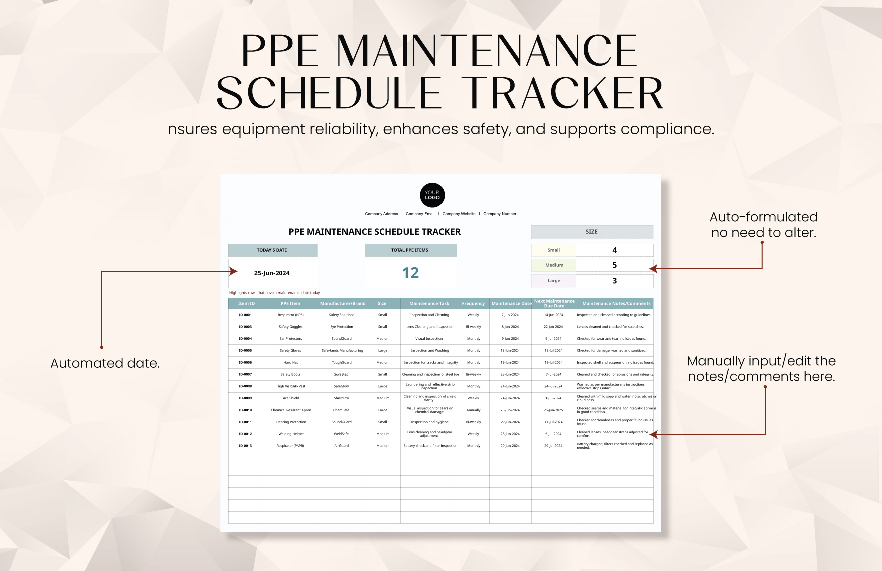PPE Maintenance Schedule Tracker Template