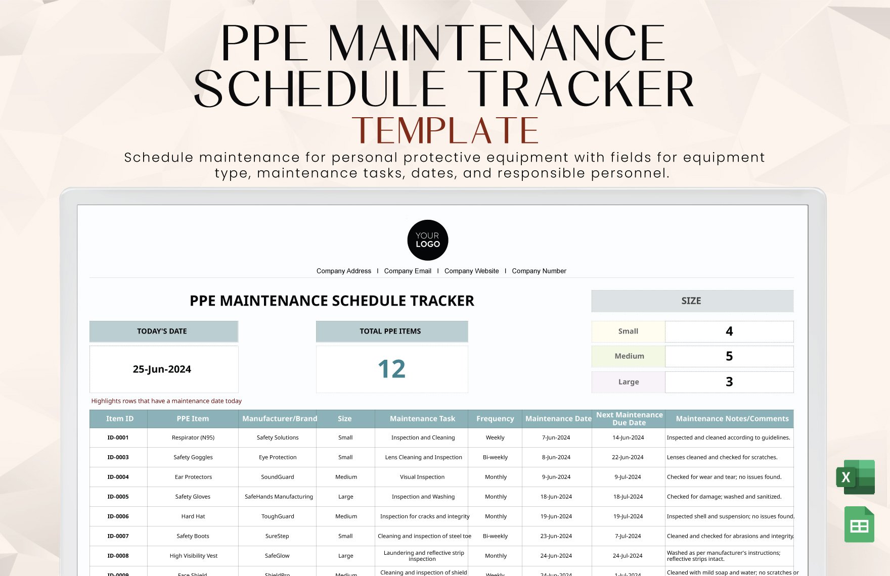 PPE Maintenance Schedule Tracker Template in Excel, Google Sheets
