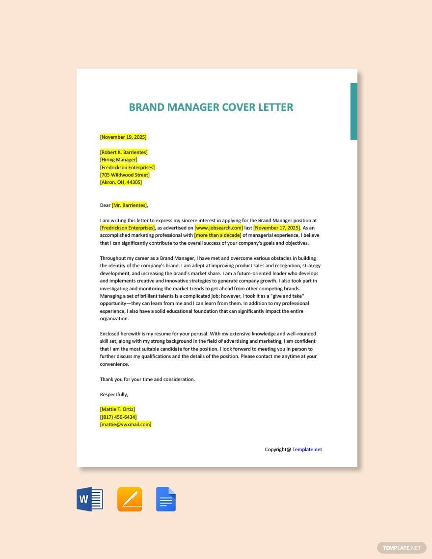 Brand Manager Cover Letter in Word, Google Docs, PDF, Apple Pages