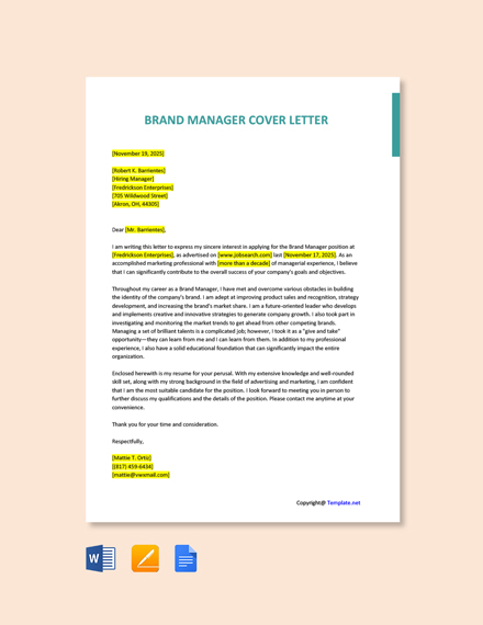 Brand Ambassador Cover Letter Template Google Docs Word Apple Pages   Brand Manager Cover Letter 