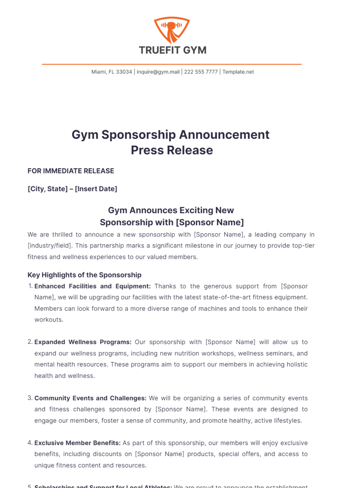 Free Gym Sponsorship Announcement Press Release Template