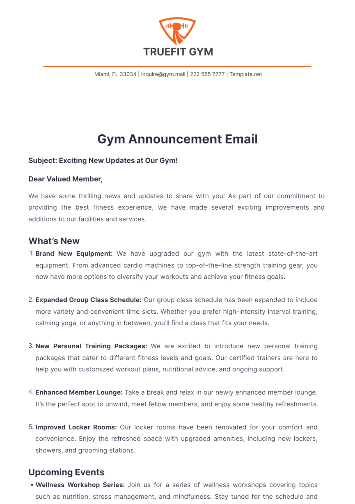 Gym Announcement Email Template