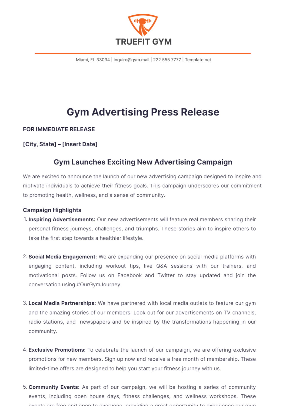 Gym Advertising Press Release Template - Edit Online & Download