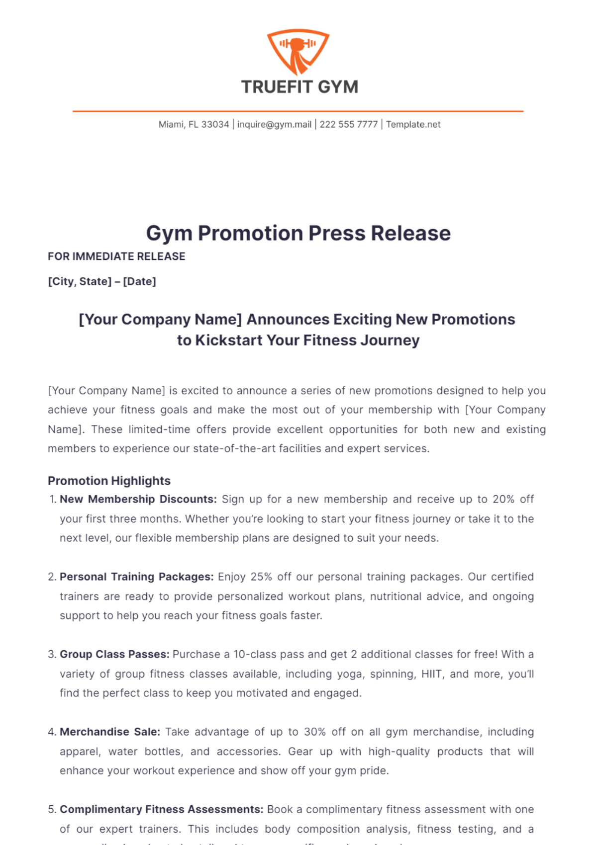 Gym Promotion Press Release Template