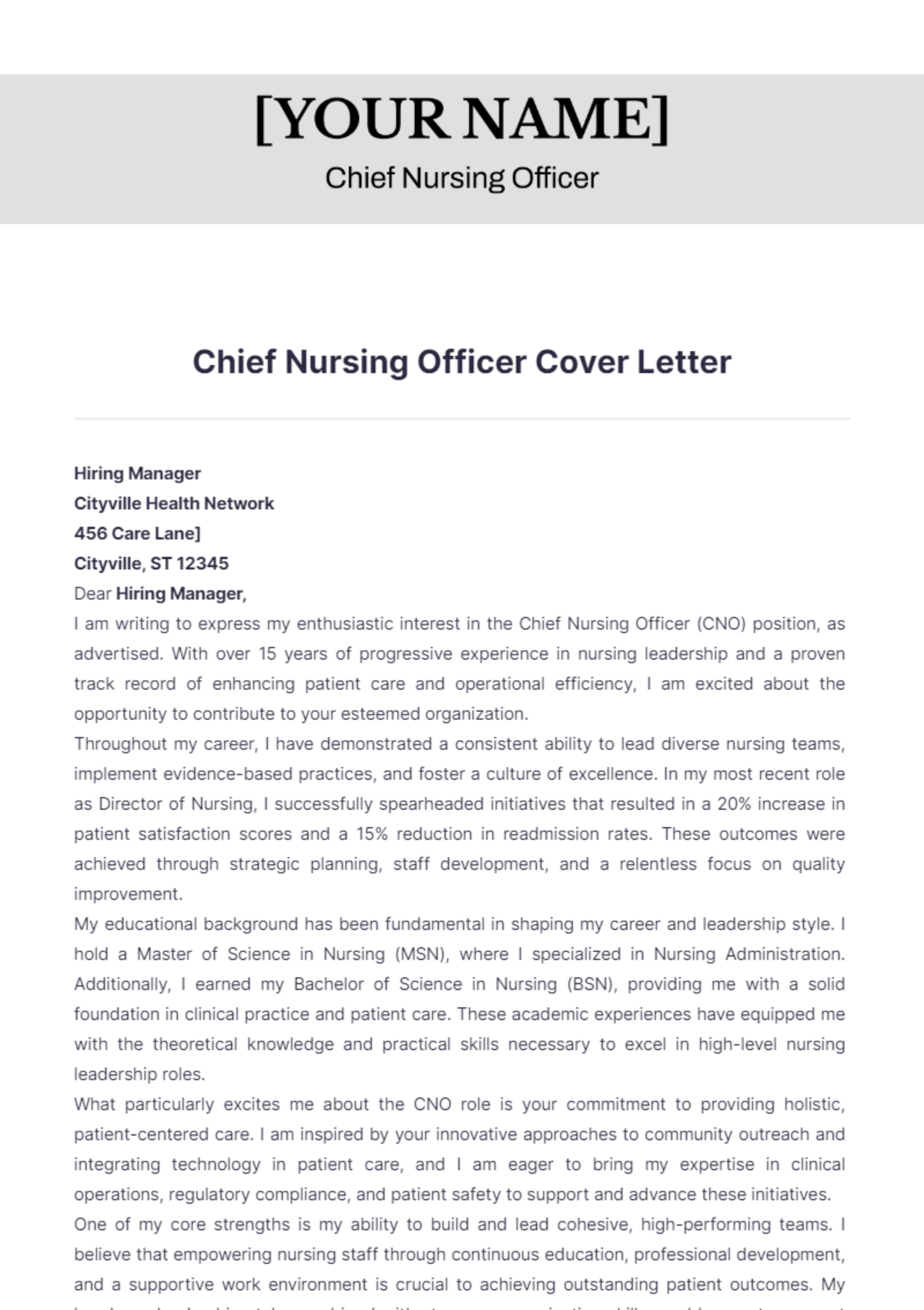 Chief Nursing Officer Cover Letter - Edit Online & Download