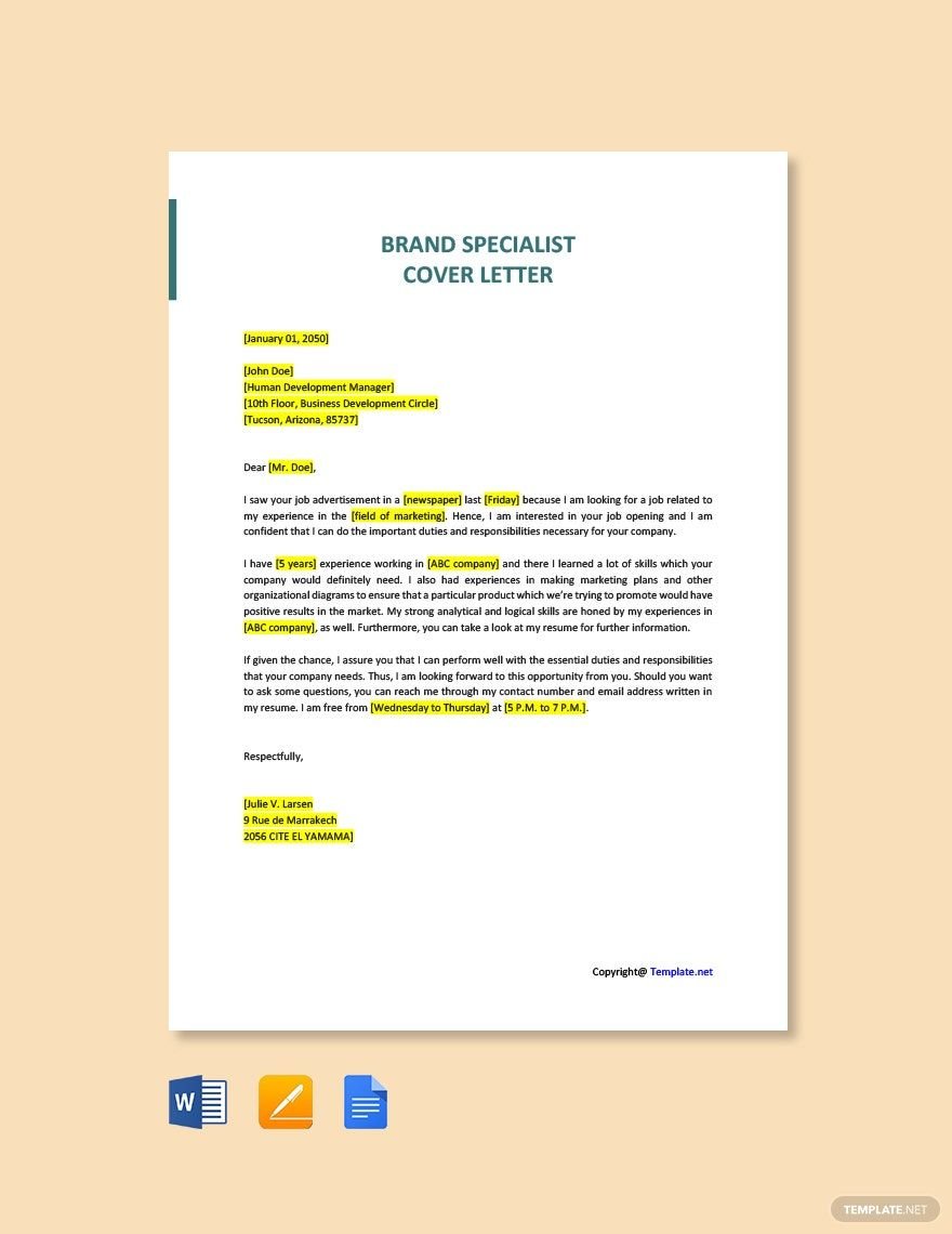 Brand Specialist Cover Letter