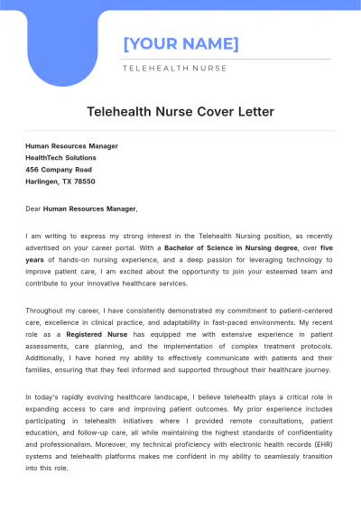 Free Telehealth Nurse Cover Letter to Edit Online